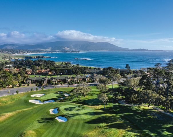 Pebble Beach Golf Links with the Monterey Bay in background