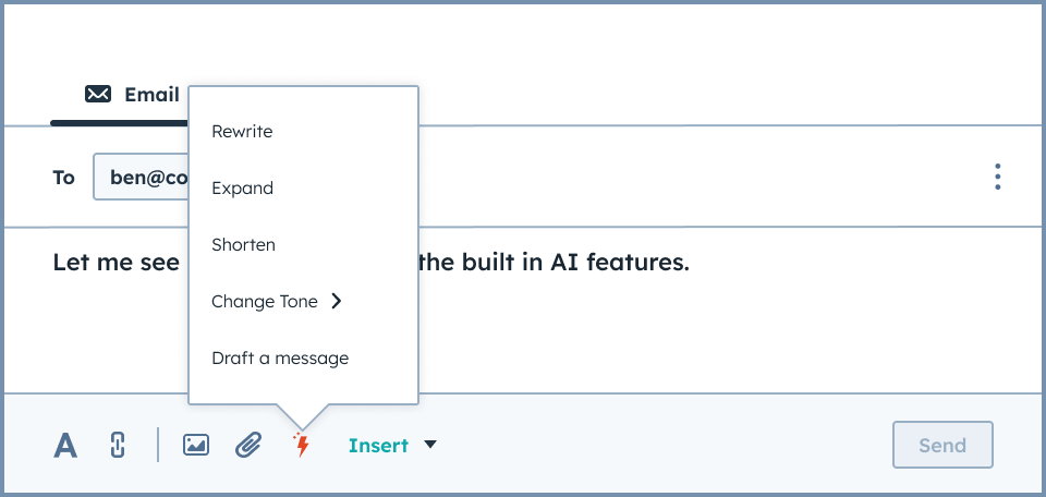 HubSpot UI shoing HubSpot's AI assistant