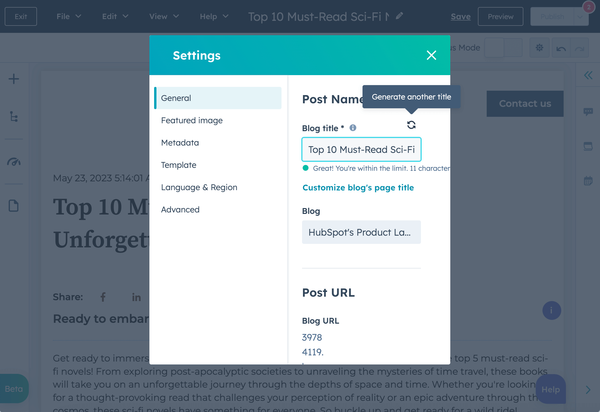 hubspots meta description generator suggestion SEO titles for blog post