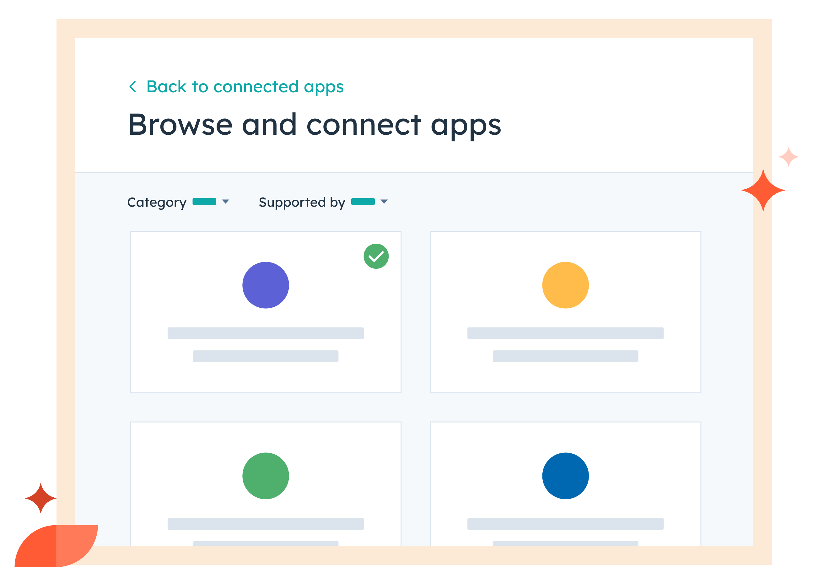 HubSpot simplified UI showing a search of the HubSpot App Marketplace where users can browse for and connect third-party apps to their HubSpot account