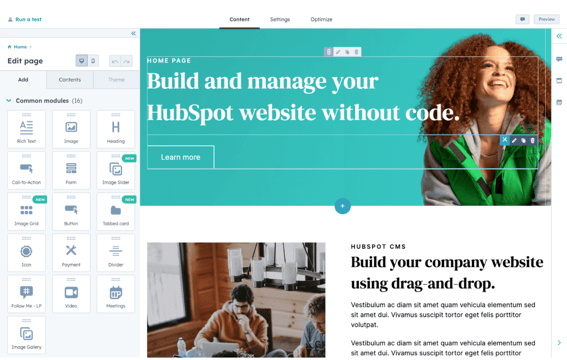 HubSpot user interface showing how you can easily build web pages using the drag-and-drop editor