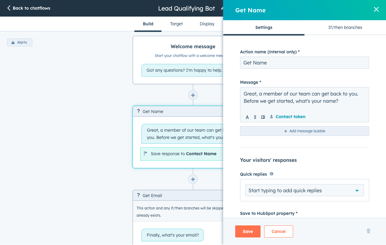 HubSpot UI showing the chatflow editor where a user is setting up a chatflow