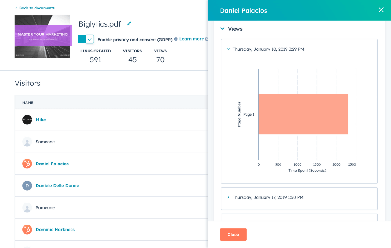 HubSpot document tracking interface showing document views analytics