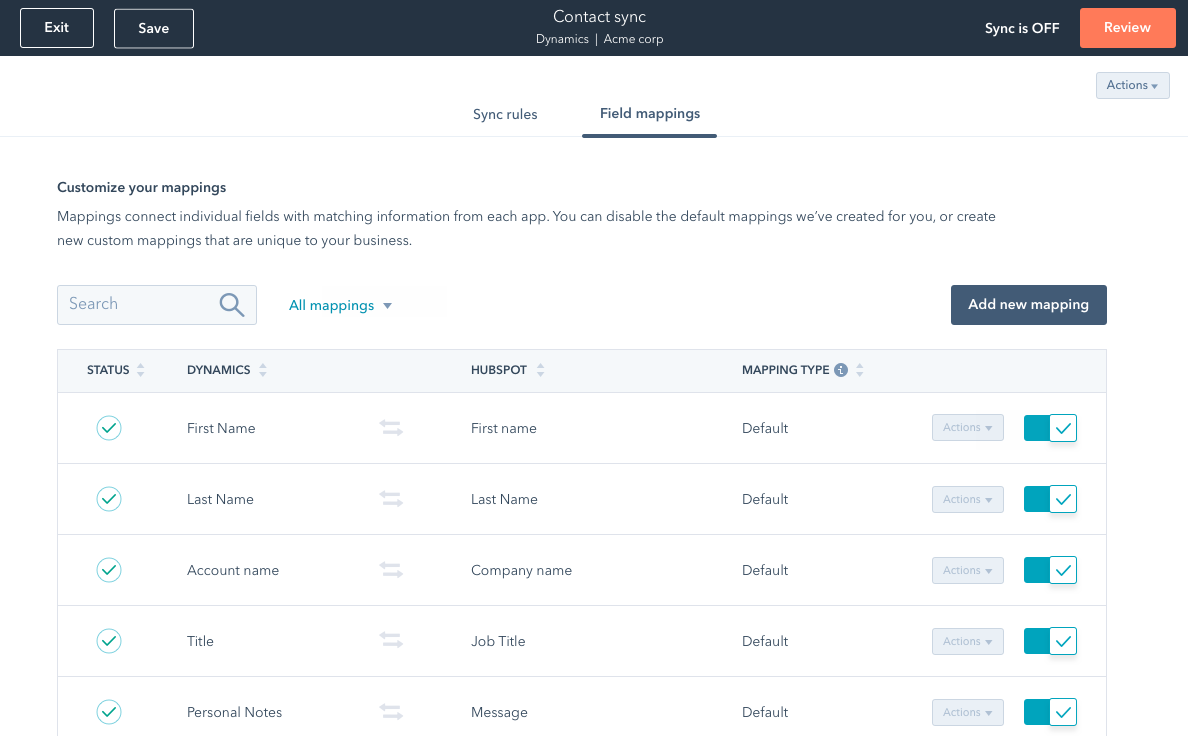 table with each database fields been mapped