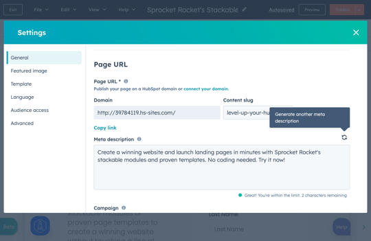 HubSpot meta description generator showing options to generate a new meta description