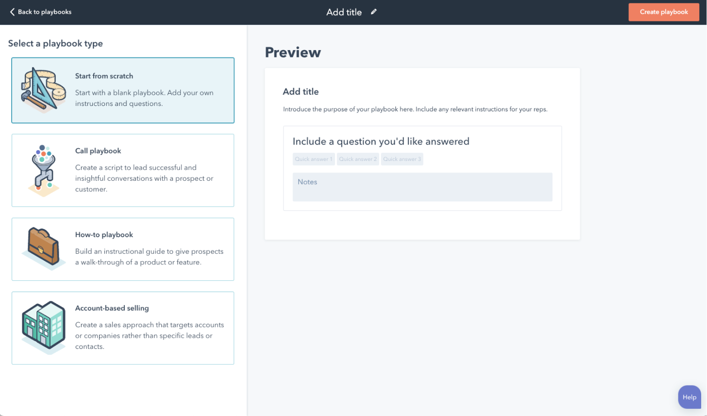 HubSpot playbooks interface showing options to build a new playbook