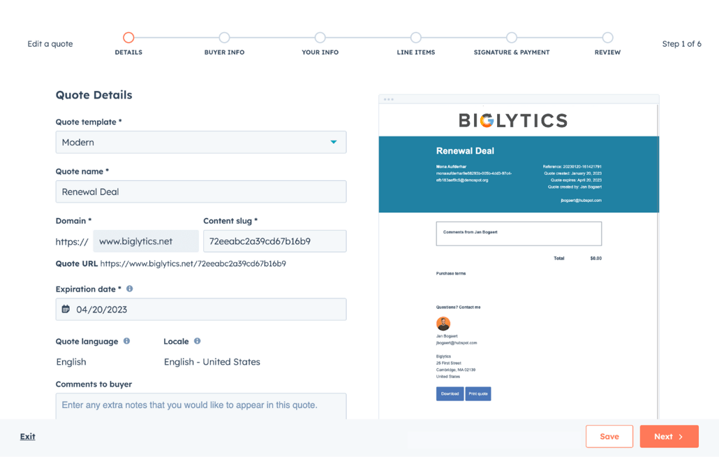 HubSpot quote software interface showing quote details information fields