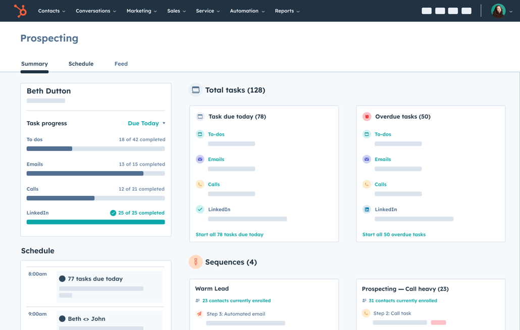 HubSpot prospecting workspace showing summary of tasks