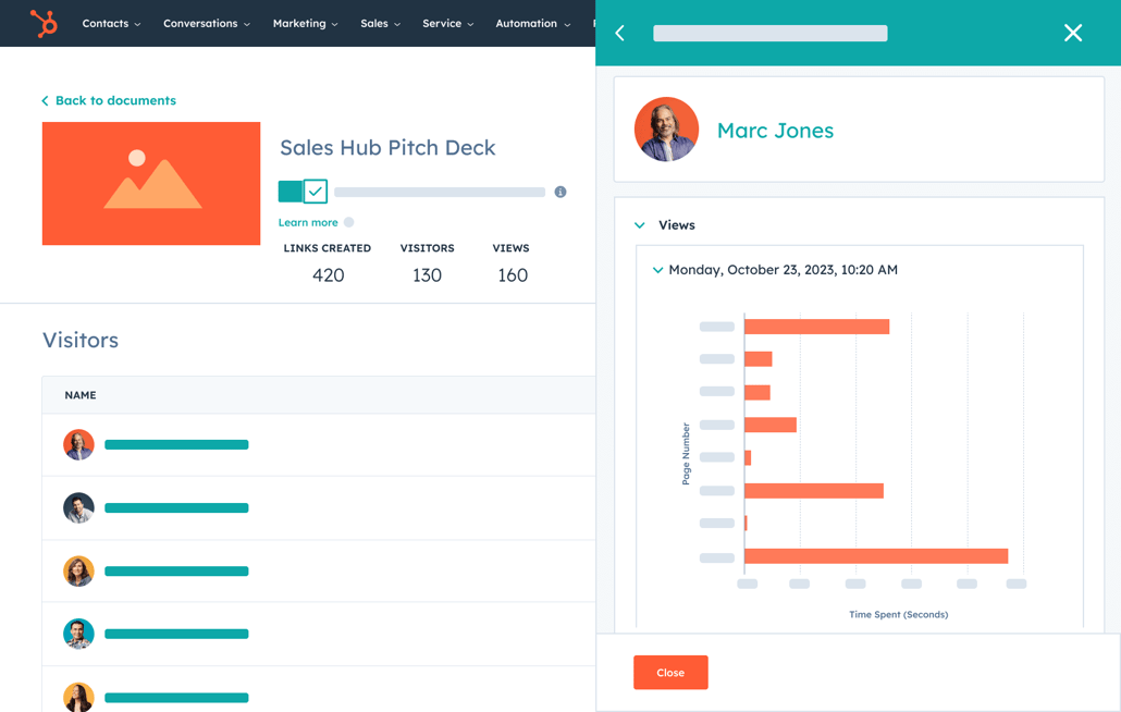 HubSpot document tracking tool user interface