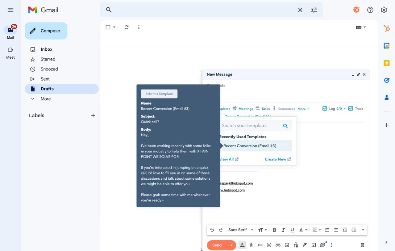 HubSpot sales automation tools showing ability to edit template in email inbox