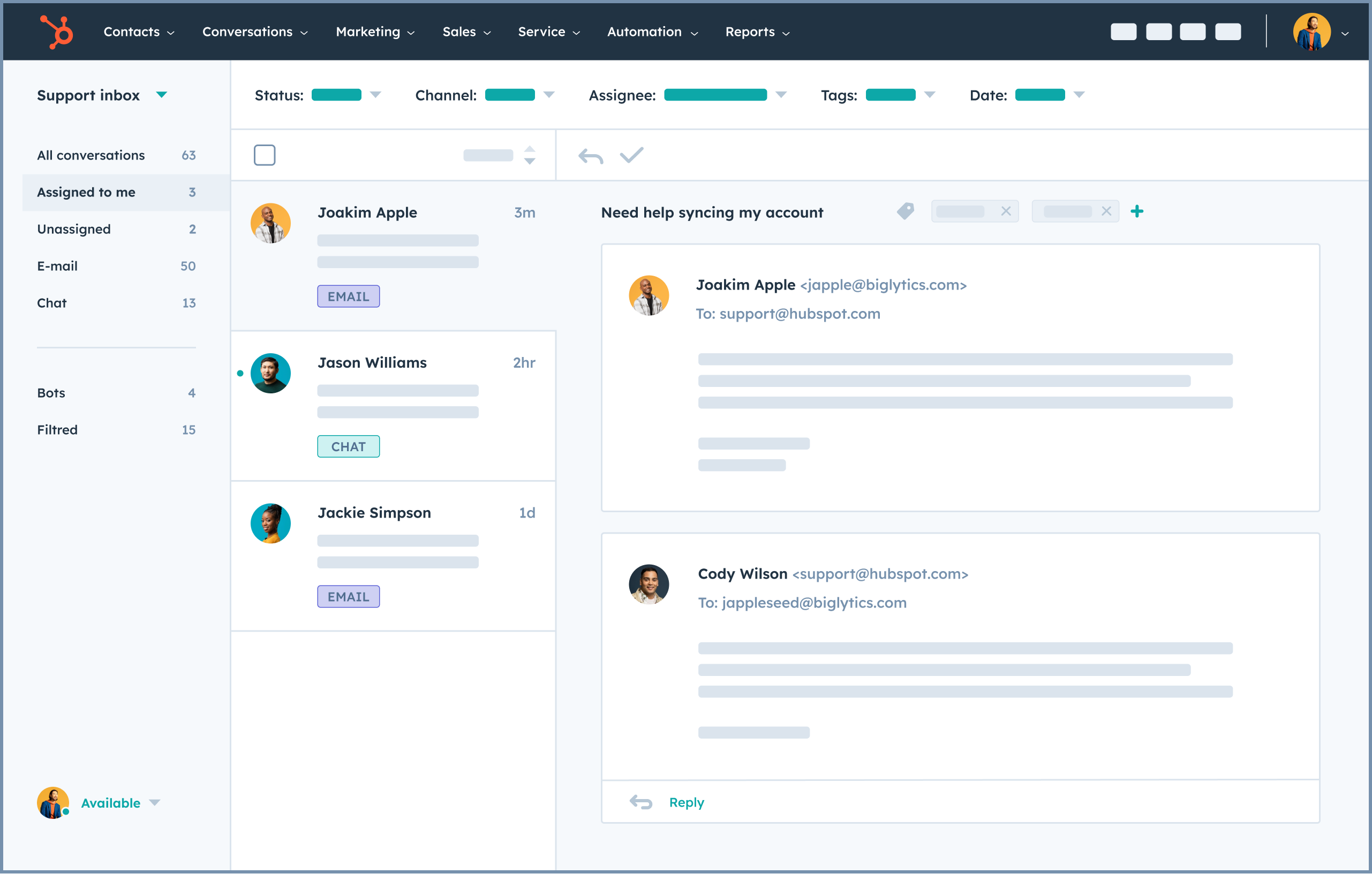 HubSpot UI showing conversations 