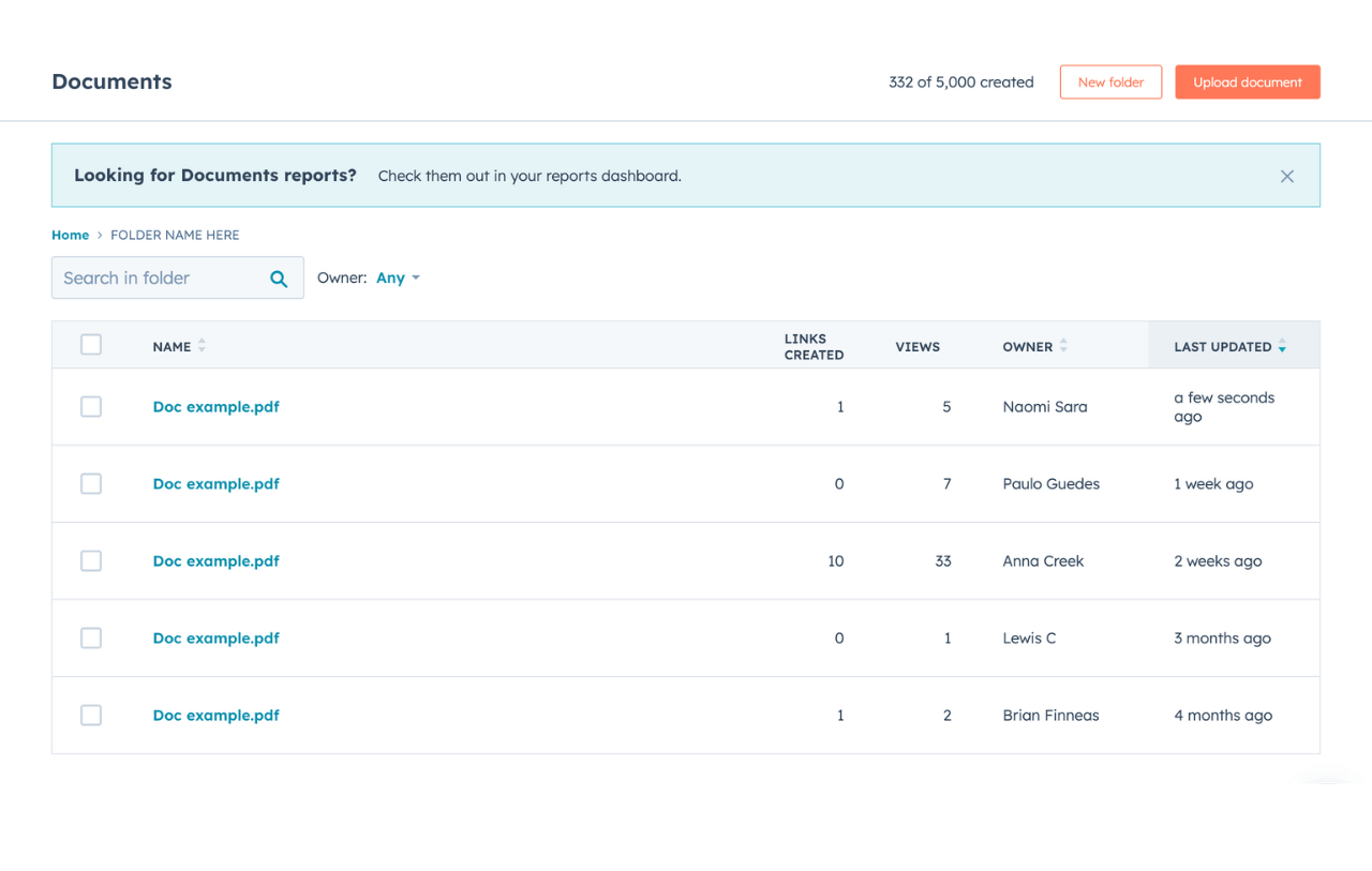 HubSpot document tracking interface showing documents organized in folders