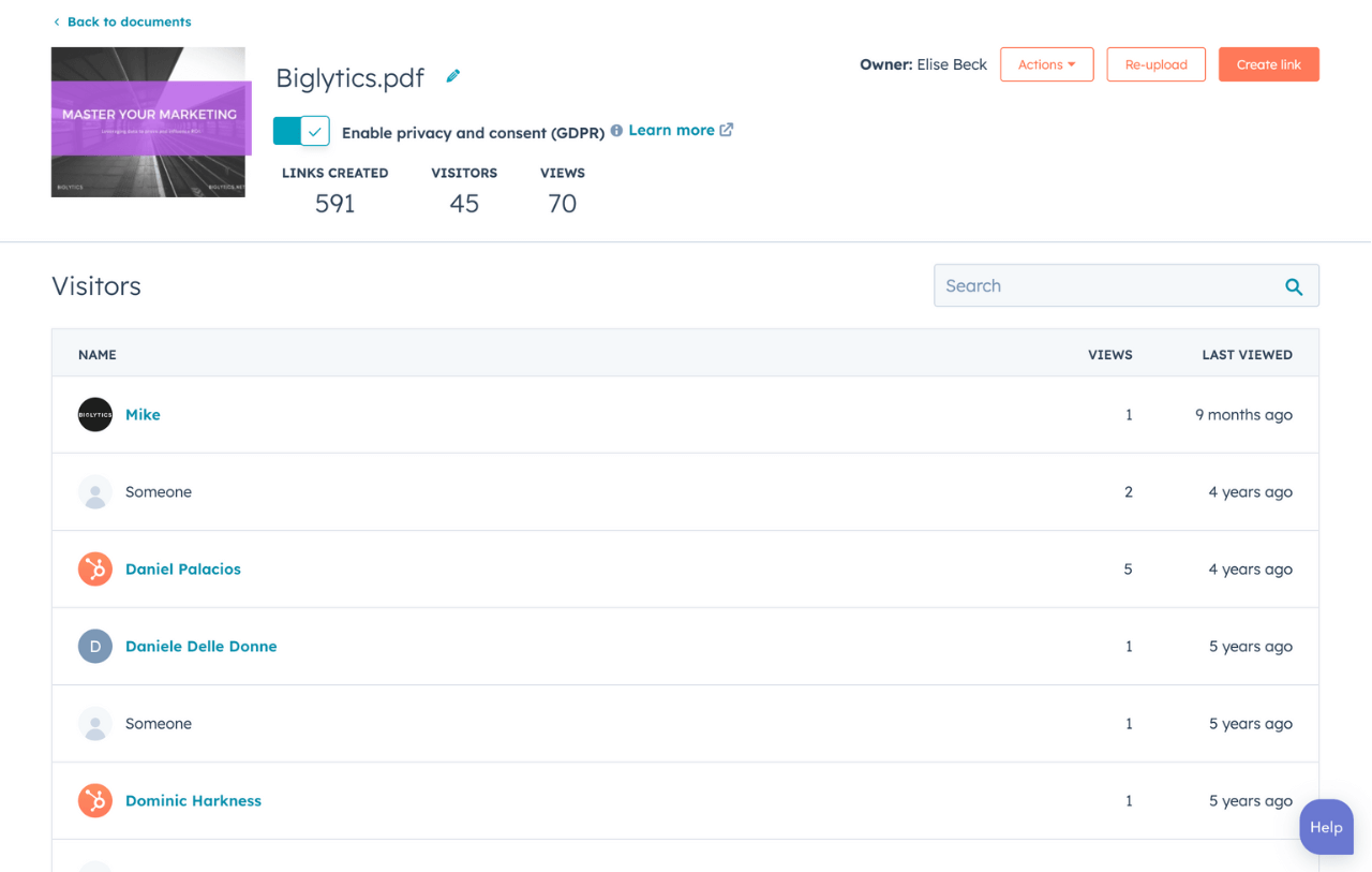 HubSpot document tracking interface showing contacts who have viewed a document