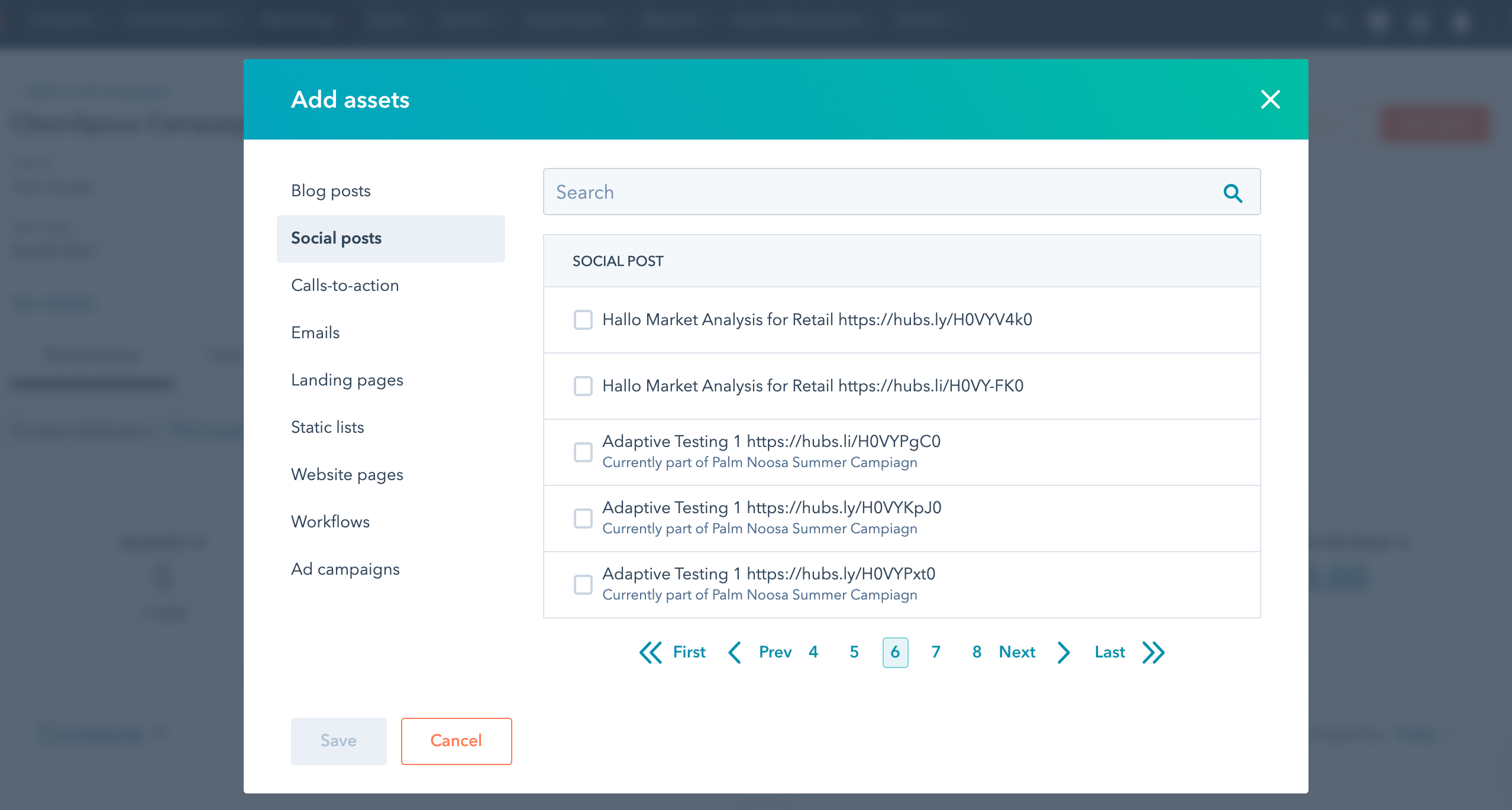 HubSpot view showing how you add social posts to a campaign